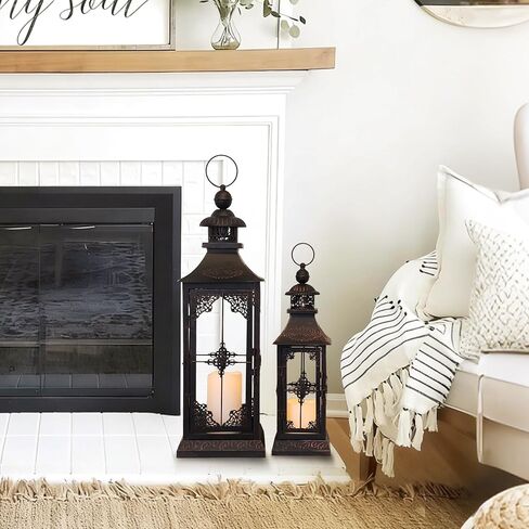 DECORKEY LED Lanterns Decorative Outdoor&Indoor, 23'' 16‘’ Large Black Lanterns Set with 2 Flameless Candles, Metal Holders for Porch, Patio, Garden, Home, Fireplace, Christmas Decorations Decor in Kuwait