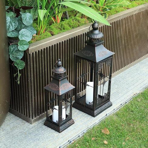 DECORKEY LED Lanterns Decorative Outdoor&Indoor, 23'' 16‘’ Large Black Lanterns Set with 2 Flameless Candles, Metal Holders for Porch, Patio, Garden, Home, Fireplace, Christmas Decorations Decor in Kuwait