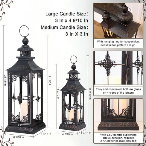 DECORKEY LED Lanterns Decorative Outdoor&Indoor, 23'' 16‘’ Large Black Lanterns Set with 2 Flameless Candles, Metal Holders for Porch, Patio, Garden, Home, Fireplace, Christmas Decorations Decor in Kuwait