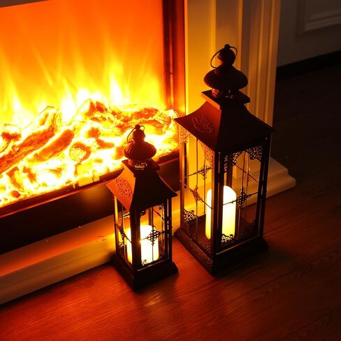 DECORKEY LED Lanterns Decorative Outdoor&Indoor, 23'' 16‘’ Large Black Lanterns Set with 2 Flameless Candles, Metal Holders for Porch, Patio, Garden, Home, Fireplace, Christmas Decorations Decor in Kuwait