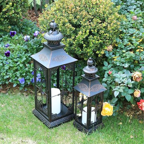 DECORKEY LED Lanterns Decorative Outdoor&Indoor, 23'' 16‘’ Large Black Lanterns Set with 2 Flameless Candles, Metal Holders for Porch, Patio, Garden, Home, Fireplace, Christmas Decorations Decor in Kuwait