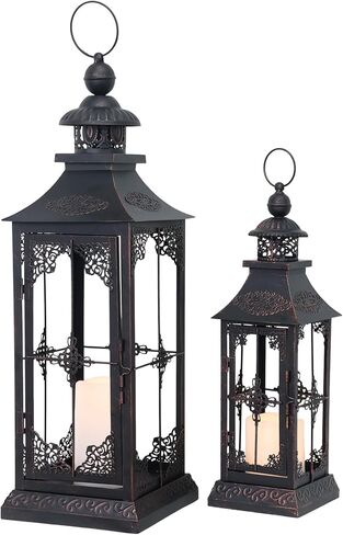 DECORKEY LED Lanterns Decorative Outdoor&Indoor, 23'' 16‘’ Large Black Lanterns Set with 2 Flameless Candles, Metal Holders for Porch, Patio, Garden, Home, Fireplace, Christmas Decorations Decor in Kuwait