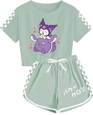 Anime Crop Top T Shirt and Shorts Set Petite Women's 2 Piece Short Sleeve Outfits Girls Summer Active Tracksuit in Kuwait