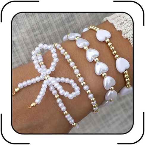 Pearl Bow Bracelet for Women Waterproof Gold Beaded Bracelets Stretch Bead Ball Stackable Bracelets Adjustable Multilayered Elastic Heart Pearl Bracelets Christmas Bow Bracelet for Women Gifts in Kuwait