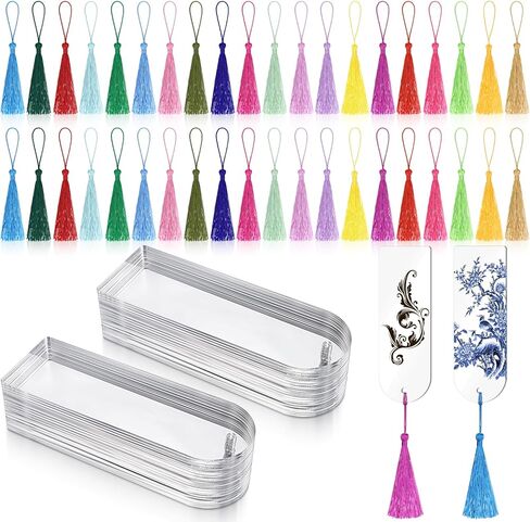 80 PCS 2MM Clear Acrylic Bookmark Blanks, 6" x 2" Extra Thick Semicircle Clear Bookmark Plastic Blank with 40 pcs Colorful Tassels Transparent Rectangle Round Bookmarks for DIY Crafting Projects in Kuwait