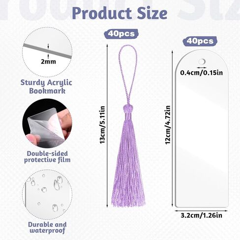80 PCS 2MM Clear Acrylic Bookmark Blanks, 6" x 2" Extra Thick Semicircle Clear Bookmark Plastic Blank with 40 pcs Colorful Tassels Transparent Rectangle Round Bookmarks for DIY Crafting Projects in Kuwait