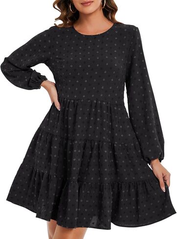 ROYLAMP Women's Swiss Dots Dress Long Sleeve Crew Neck Tiered Casual Spring Boho Flowy Tunic Shift Mini Dresses in Saudi Arabia
