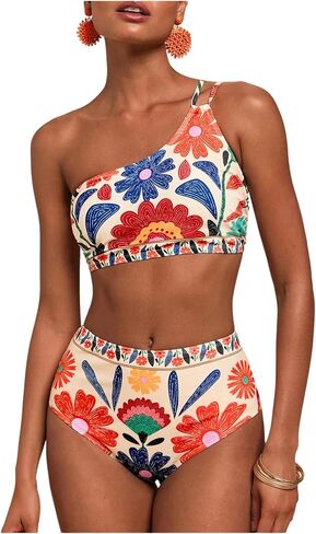 GORGLITTER Women's Floral One Shoulder Swimsuits Tummy Control High Waisted Bikini Sets Bathing Suit 2 Piece Swim Wear in Saudi Arabia