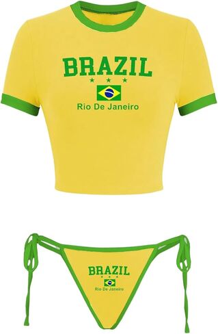 SweatyRocks Women's Two Piece Swimsuit Brazil Graphic Crop Top and Tie Side Bikini Bottom Swimwear in Saudi Arabia