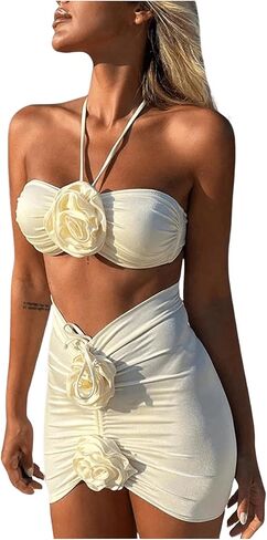 Verdusa Women's 3 Piece 3D Flower Halter Bikini Set Cheeky Swimsuit with Cover Up Skirt in Saudi Arabia