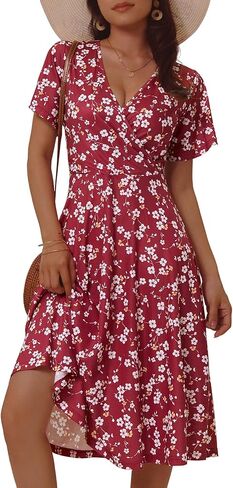 Loemes Women's Spring Floral Short Sleeve Wrap V Neck Casual Sundresses with Pockets Flowy Summer Dresses for Women in Kuwait
