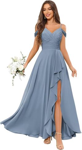 OFEECHUN Women's Off The Shoulder Long Bridesmaid Dresses for Wedding Chiffon Ruched Formal Evening Gowns with Slit in Saudi Arabia
