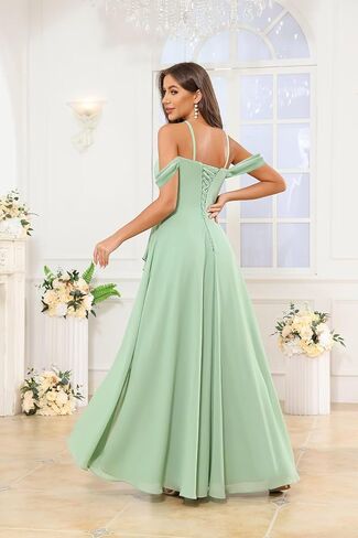 OFEECHUN Women's Off The Shoulder Long Bridesmaid Dresses for Wedding Chiffon Ruched Formal Evening Gowns with Slit in Saudi Arabia