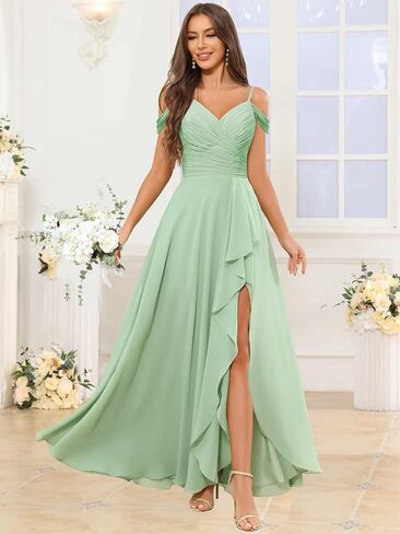 OFEECHUN Women's Off The Shoulder Long Bridesmaid Dresses for Wedding Chiffon Ruched Formal Evening Gowns with Slit in Saudi Arabia