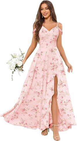 OFEECHUN Women's Off The Shoulder Long Bridesmaid Dresses for Wedding Chiffon Ruched Formal Evening Gowns with Slit in Saudi Arabia