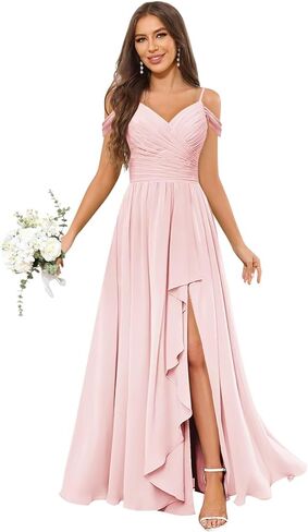 OFEECHUN Women's Off The Shoulder Long Bridesmaid Dresses for Wedding Chiffon Ruched Formal Evening Gowns with Slit in Saudi Arabia