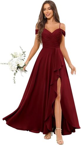 OFEECHUN Women's Off The Shoulder Long Bridesmaid Dresses for Wedding Chiffon Ruched Formal Evening Gowns with Slit in Saudi Arabia