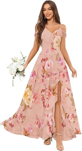 OFEECHUN Women's Off The Shoulder Long Bridesmaid Dresses for Wedding Chiffon Ruched Formal Evening Gowns with Slit in Saudi Arabia