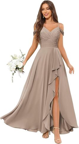 OFEECHUN Women's Off The Shoulder Long Bridesmaid Dresses for Wedding Chiffon Ruched Formal Evening Gowns with Slit in Saudi Arabia