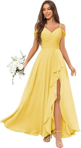 OFEECHUN Women's Off The Shoulder Long Bridesmaid Dresses for Wedding Chiffon Ruched Formal Evening Gowns with Slit in Saudi Arabia