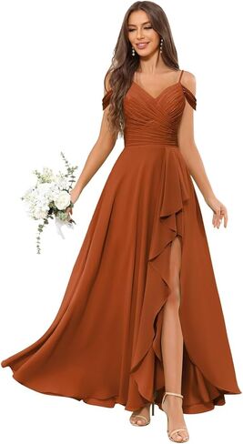 OFEECHUN Women's Off The Shoulder Long Bridesmaid Dresses for Wedding Chiffon Ruched Formal Evening Gowns with Slit in Saudi Arabia