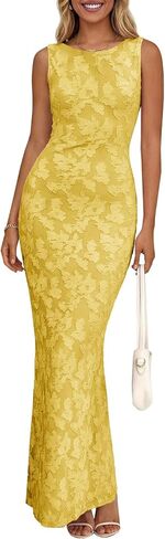 فستان Wenrine نسائي صيفي طويل مزين بالزهور شبكي بدون أكمام، فساتين ضيقة وحفلات الكوكتيل وحفلات الزفاف in Kuwait