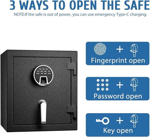 صندوق أمان مقاوم للحريق بيومتري من WASJOYE - 1.8 قدم مكعب آمن لبصمة الإصبع مع قفل لوحة المفاتيح الرقمية ونظام إنذار منفذ من النوع C، مقاوم للماء للحريق للمنزل والمكتب والفنادق والمجوهرات وتخزين النقود in Kuwait
