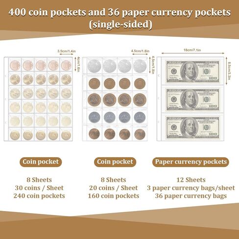 حامل كتب مجموعة العملات المعدنية لهواة الجمع، ألبوم مجموعة العملات المعدنية 400 جيب و36 منظم عملات ورقية حافظة تخزين عملات معدنية متعددة الأحجام للعملات المعدنية والعملات والبنسات والطوابع والشارات in Kuwait