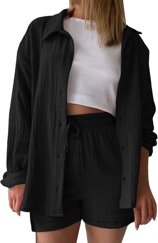 Linen Sets For Women 2 Piece Shorts Sets Short Sleeve Top High Waist Summer Beach Vacation Outfits Lounge Tracksuit in Kuwait