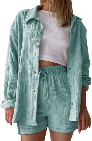 Linen Sets For Women 2 Piece Shorts Sets Short Sleeve Top High Waist Summer Beach Vacation Outfits Lounge Tracksuit in Saudi Arabia