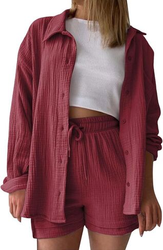 Linen Sets For Women 2 Piece Shorts Sets Short Sleeve Top High Waist Summer Beach Vacation Outfits Lounge Tracksuit in Saudi Arabia