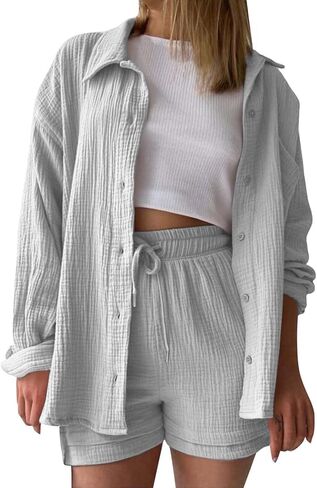 Linen Sets For Women 2 Piece Shorts Sets Short Sleeve Top High Waist Summer Beach Vacation Outfits Lounge Tracksuit in Saudi Arabia