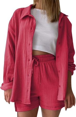 Linen Sets For Women 2 Piece Shorts Sets Short Sleeve Top High Waist Summer Beach Vacation Outfits Lounge Tracksuit in Saudi Arabia
