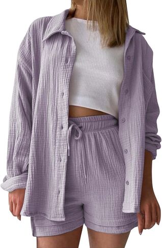 Linen Sets For Women 2 Piece Shorts Sets Short Sleeve Top High Waist Summer Beach Vacation Outfits Lounge Tracksuit in Saudi Arabia