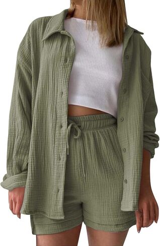 Linen Sets For Women 2 Piece Shorts Sets Short Sleeve Top High Waist Summer Beach Vacation Outfits Lounge Tracksuit in Saudi Arabia