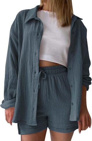 Linen Sets For Women 2 Piece Shorts Sets Short Sleeve Top High Waist Summer Beach Vacation Outfits Lounge Tracksuit in Saudi Arabia