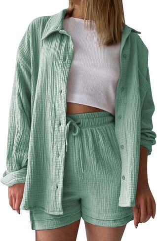 Linen Sets For Women 2 Piece Shorts Sets Short Sleeve Top High Waist Summer Beach Vacation Outfits Lounge Tracksuit in Saudi Arabia