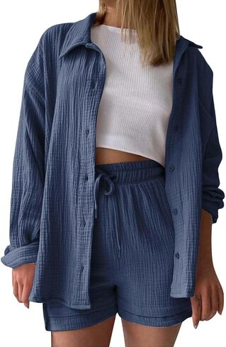 Linen Sets For Women 2 Piece Shorts Sets Short Sleeve Top High Waist Summer Beach Vacation Outfits Lounge Tracksuit in Saudi Arabia