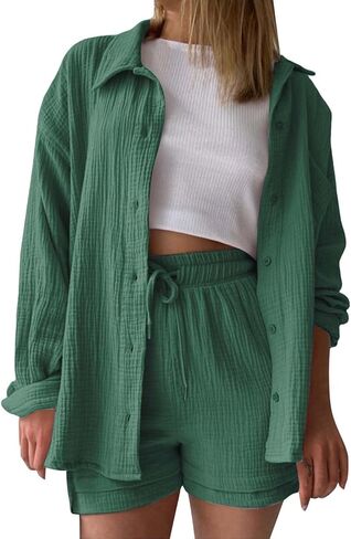 Linen Sets For Women 2 Piece Shorts Sets Short Sleeve Top High Waist Summer Beach Vacation Outfits Lounge Tracksuit in Saudi Arabia