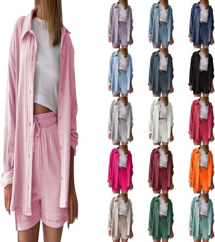 Linen Sets For Women 2 Piece Shorts Sets Short Sleeve Top High Waist Summer Beach Vacation Outfits Lounge Tracksuit in Saudi Arabia
