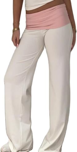 Women Fold Over Yoga Pants Y2k Low Rise Wide Leg Sweatpants Contrast Color Stretchy Loose Gym Lounge Leggings in Kuwait