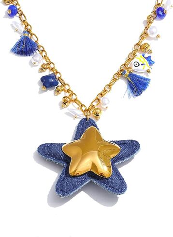 Mchic Charm Necklace for Women: Gold Chunky Necklace with Ocean/Fruit/Boho Theme Charms Vacation Gold Jewelry Gift for Women in Kuwait