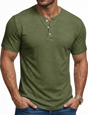 Runcati Mens Henley Shirt Short Sleeve Casual Button Basic Tees Slim Fit Stretch Summer T Shirts in Kuwait