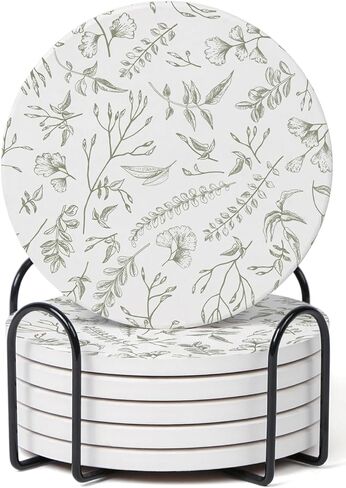 مجموعة من 6 قواعد أكواب زهرية باللونين الأزرق والأبيض مع حامل، قواعد أكواب للمشروبات من السيراميك الماص مع دعامة من الفلين لحماية الطاولة، ديكور طاولة القهوة in Kuwait