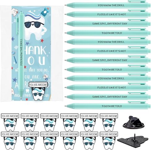 24 Sets/96 Pcs Dental Assistants Week Appreciation Gifts Bulk Dental Hygienist Gifts Tooth Badge Pins Ballpoint Pens Thank You Cards Dentist Assistant Accessories Oral Health Party Favor in Saudi Arabia
