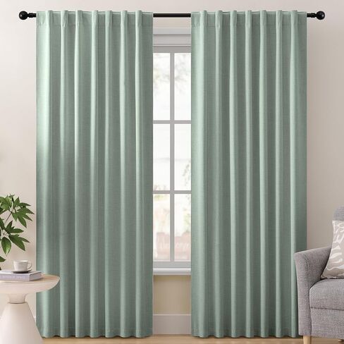 ستائر غرفة النوم MISS SELECTEX ستائر التعتيم الخضراء المريمية 63 بوصة ستائر التعتيم، فاخرة 100% معتمة من الكتان الحراري ستارة للاحتفاظ بالحرارة لغرفة المعيشة (لوحتان) in Kuwait