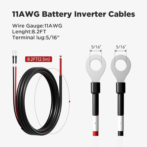 11AWG Solar Battery Cable 8.2FT, Pure Copper 11 Gauge Inverter Cables with 5/16'' Lugs, for Connecting Battery and Charge Controller in Solar Power System in Kuwait