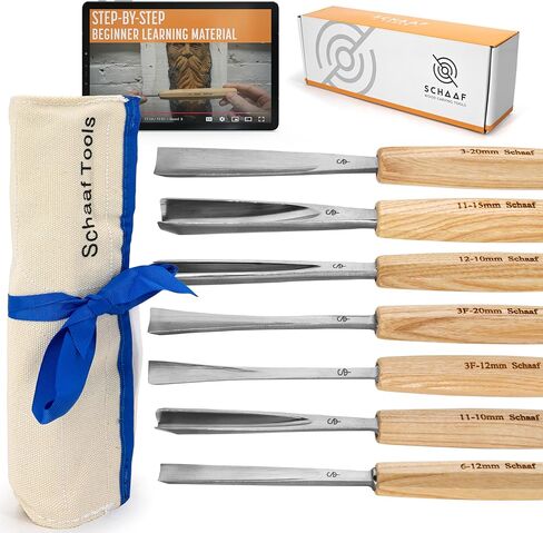Schaaf Wood Carving Tools Set of 12 Chisels with Canvas Case | Wood Chisels for Woodworking | Wood Working Tools and Accessories | Wood Carving Chisels | Razor Sharp CR-V 60 Steel Blades | Wood Chisel in Kuwait