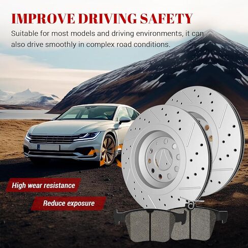 وسادة الفرامل الخلفية السيراميكية والدوارات المحفورة ذات فتحات تهوية بديلة لسيارات Volkswagen Arteon 2019-2023/ Atlas Cross Sport 2020 2021 2022/ Atlas 2018-2022/ Golf R 2015 2016 2017-2019 in Kuwait