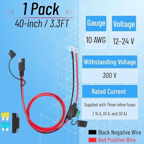 Bates- SAE Battery Connector, 3.3 FT, 10 AWG, SAE to O-Ring Harness with Protection Fuses & Polarity Reverse Adapter, 2-Pin Connector for Chargers, Maintainers, Solar Panels & Motorcycles in Saudi Arabia